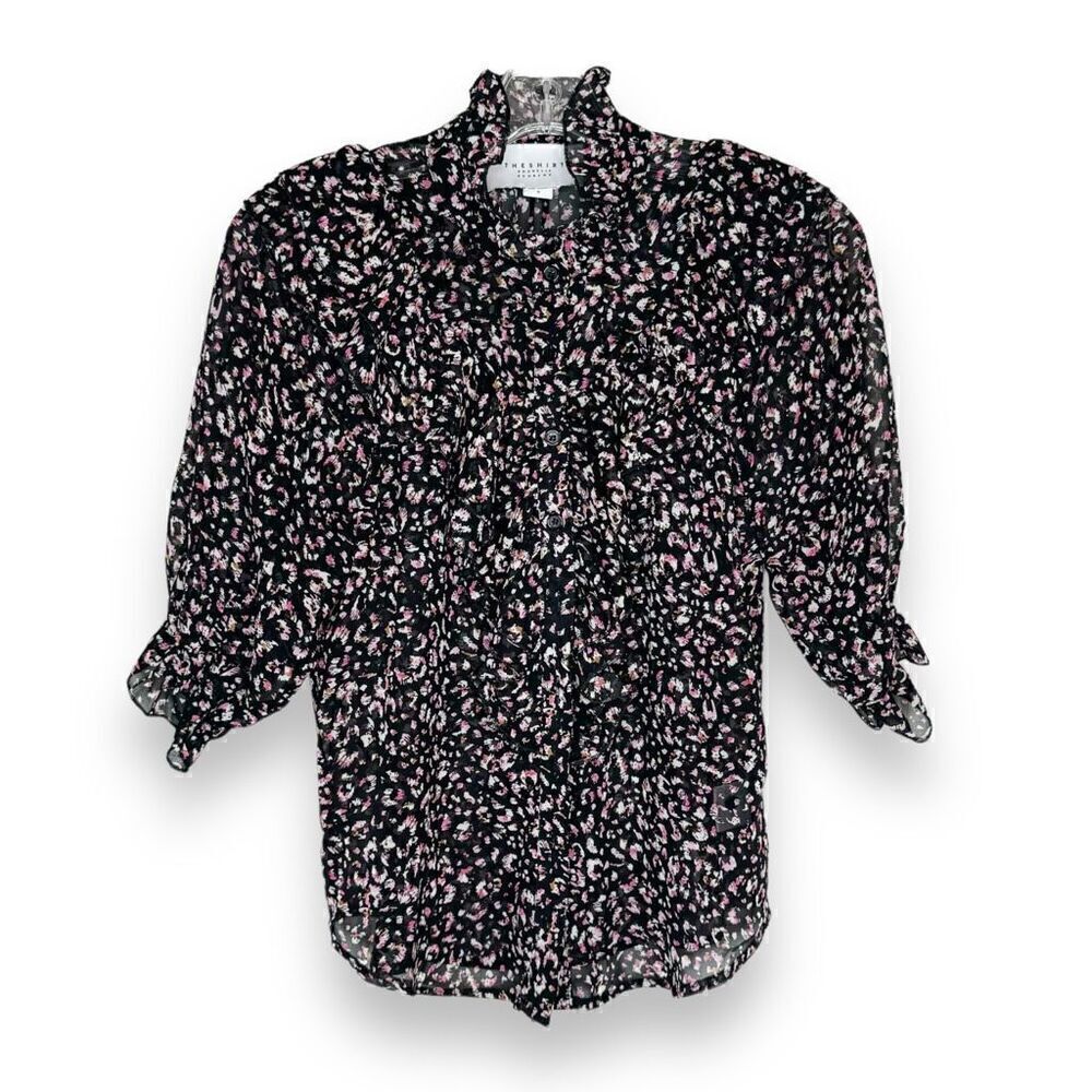 Rochelle Behrens THE SHIRT Black Pink Pattern Ruffle Short Blouse Top Women’s S